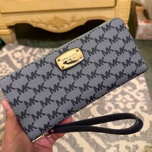 Michael Kors Gray and Black MK Logo Wristlet Clutch with Gold Plate